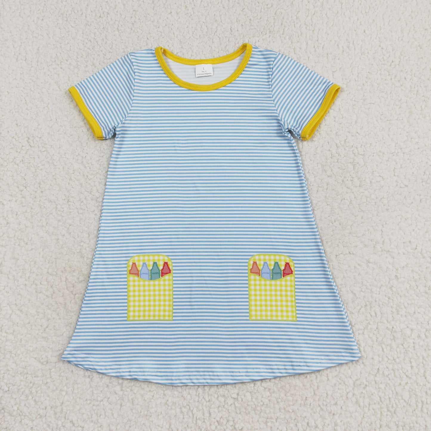 RTS no moq GSD1311 Pastel yellow plaid blue striped short-sleeved dress