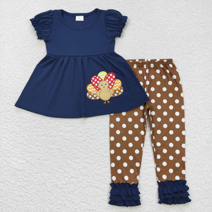 RTS NO MOQ Baby Girls Thanksgiving Sibling Turkey Fall Clothes Sets  embriobery style match thanksgiving