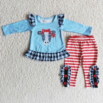 6 B7-22 Bow-tie cow head blue long-sleeved red striped pants suit
