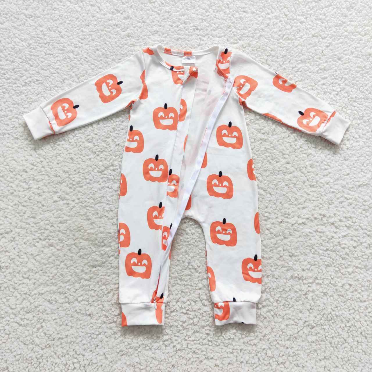 LR0495 Smiley Pumpkin White Zip Long Sleeve Bodysuit