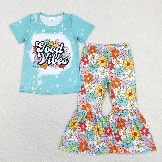 GSPO1239 good vibes letter flower smiley blue short-sleeved trousers suit