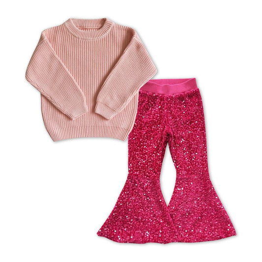 P0112 Rose sequined trousers+GT0036 pink sweater top