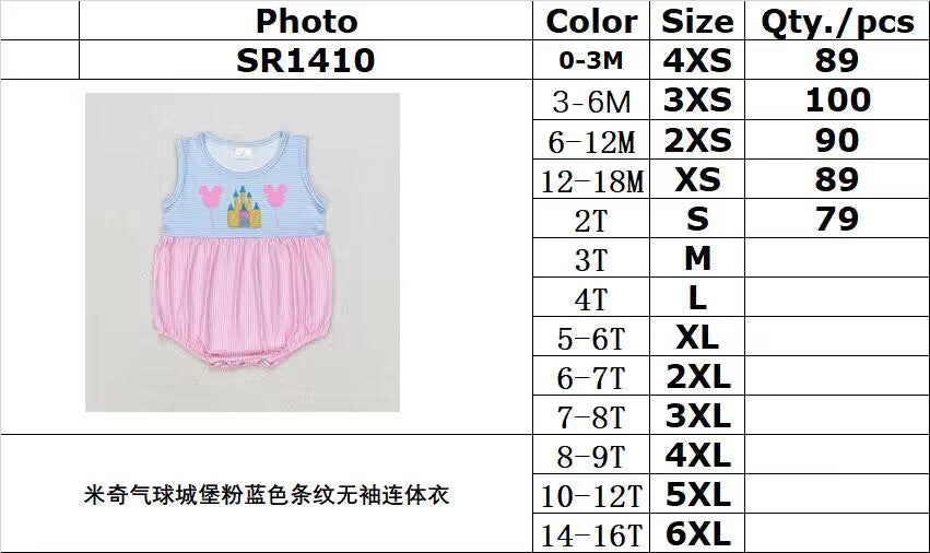 RTS no moq SR1410 Mickey Balloon Castle Pink and Blue Striped Sleeveless Bodysuit