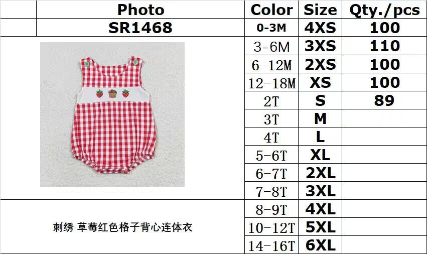 RTS no moq SR1468 Embroidered Strawberry Red Plaid Vest Bodysuit