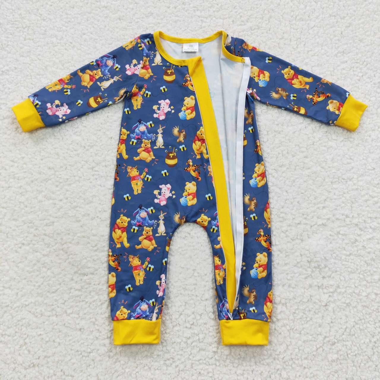 LR0347 Cartoon Winnie the Pooh Blue and Yellow Zipper Long Sleeve Bodysuit