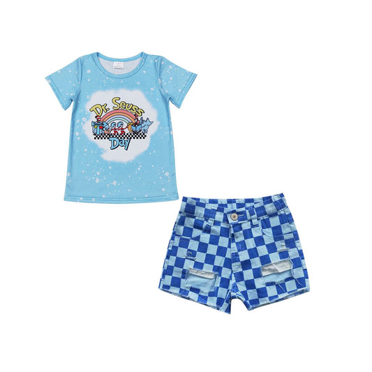 SS0093 Blue plaid ripped denim shorts+GT0365 dr seuss rainbow blue short sleeve top