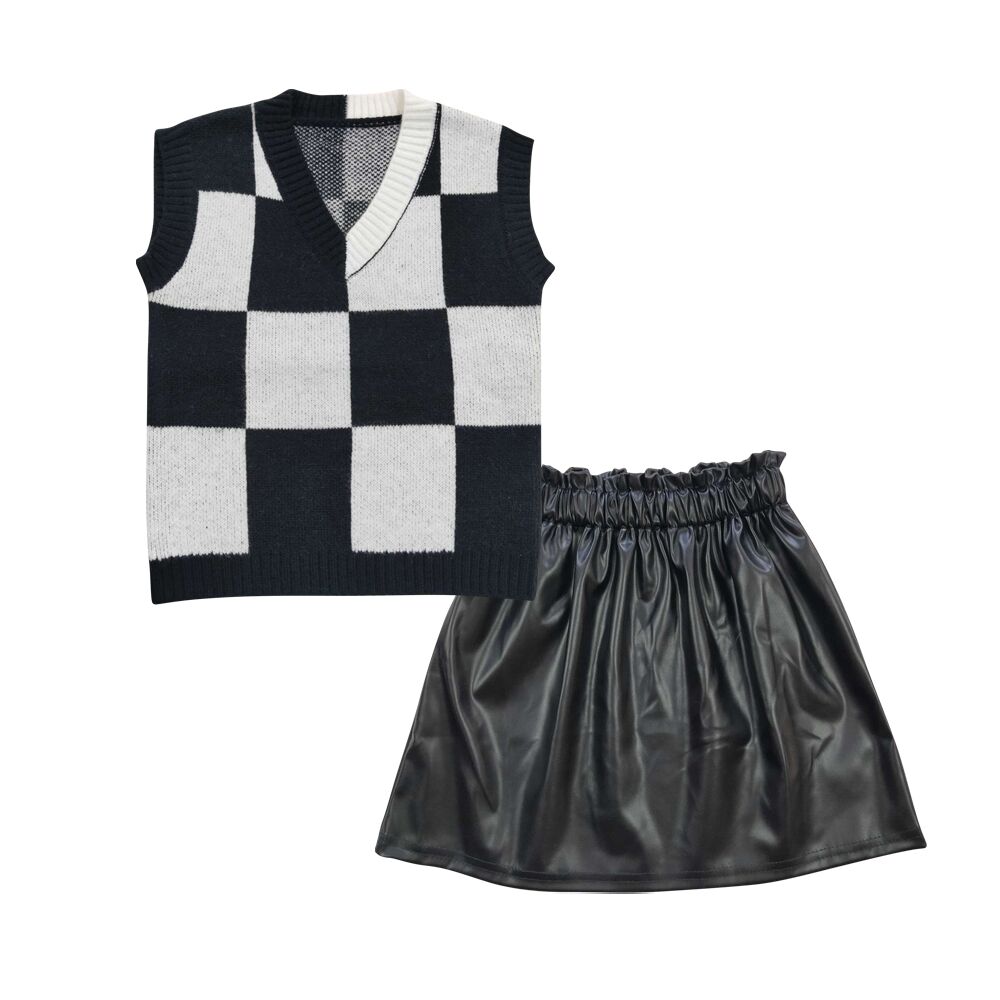 wednesday black and white plaid vest leather black shiny skirt suit