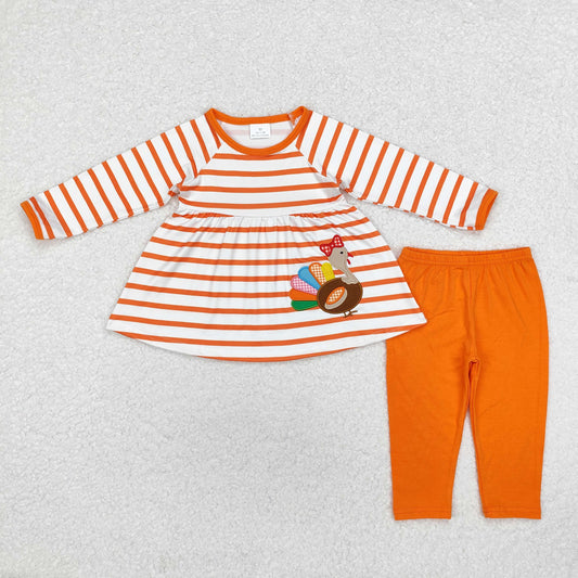 RTS NO MOQ ETA 5/7days arrived GLP1604 Embroidered bow turkey orange striped long sleeve trousers set