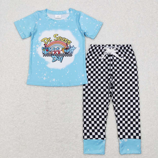 BSPO0177 dr seuss rainbow blue short sleeve black and white plaid trousers suit