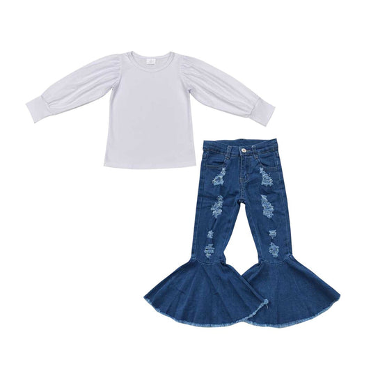 GT0370 White long sleeve top+P0133 Blue ripped denim flared trousers