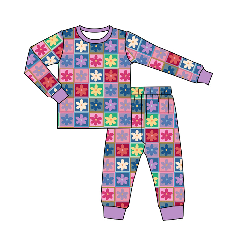 5.14custom each style moq 5eta 4-5week Sibling Sister flower prints color plaid purple boys outfits and baby romper match family design