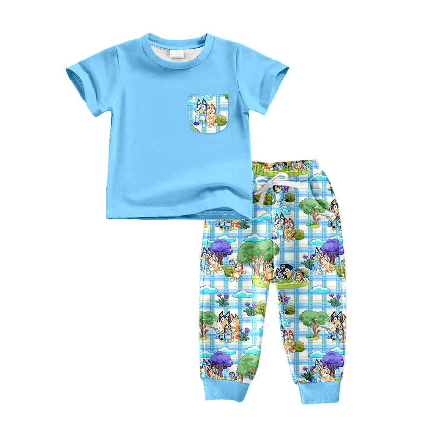 5.1（1）custom each style moq 5eta 4-5week Sibling Sister cartoon character prints blue plaid boys and girls outfit and baby romper match family design