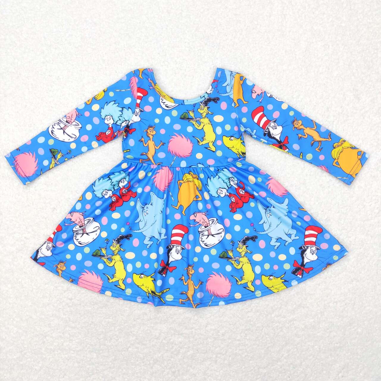 GLD0458 dr seuss cartoon colorful polka dot blue long sleeve dress