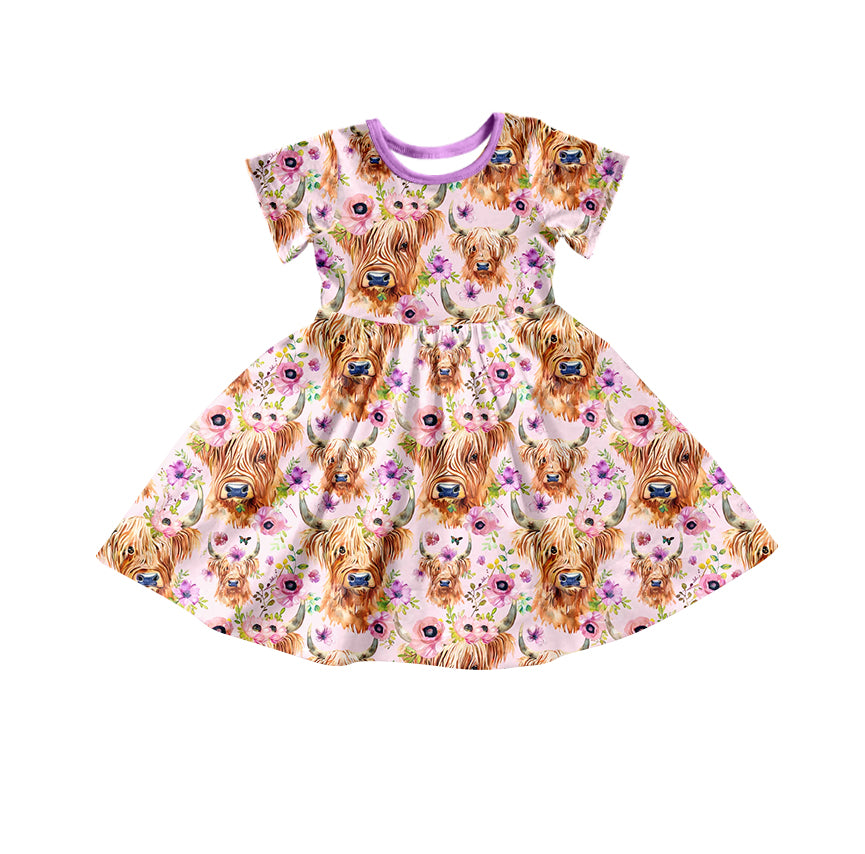 5.8custom each style moq 5eta 4-5week Sibling Sister bull head and flower prints purple girls set and dress match family design