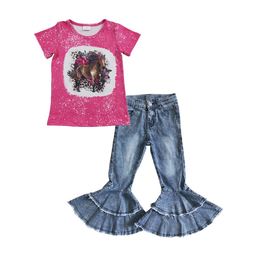 GT0122 Girls' horse flower rose red short-sleeved top+C5-15 Light bleached double denim flared pants