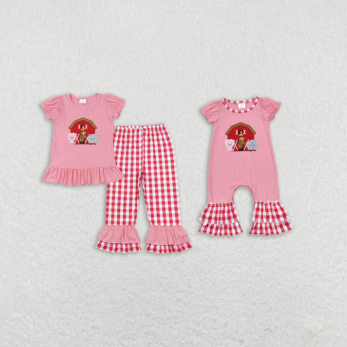 Baby girls farm style pig print pink Sibling Sister Clothes Sets