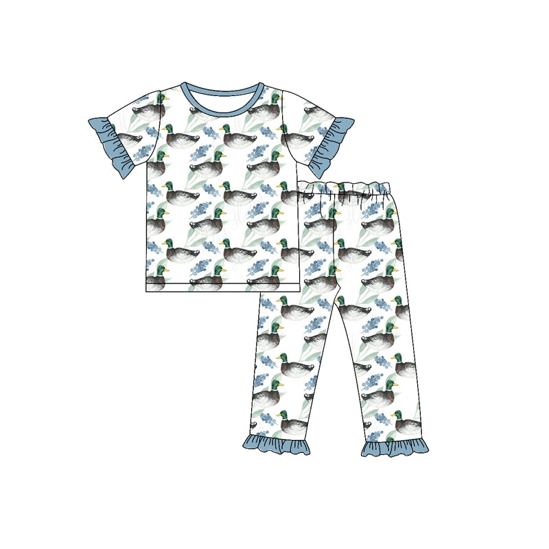 5.1custom each style moq 5eta 4-5week Sibling Sister  duck blue girls outfits and romper and aldult long pants match family design