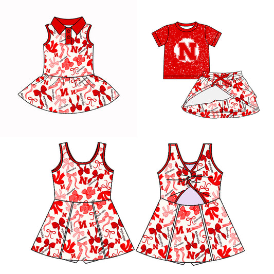Custom moq 5 mix sizes summer teams baby girls clothes team red short sleeve skirts shorts sets dress 1 and dress 2-25.5.10