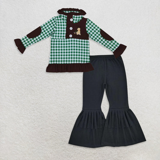 RTS NO MOQ GT0284 + P0282 Baby Girls Hunting Green Checkered Long Sleeve Elbow Pullover Tee Shirt Tops Black Cotton Fringe Ruffle Bell Pants