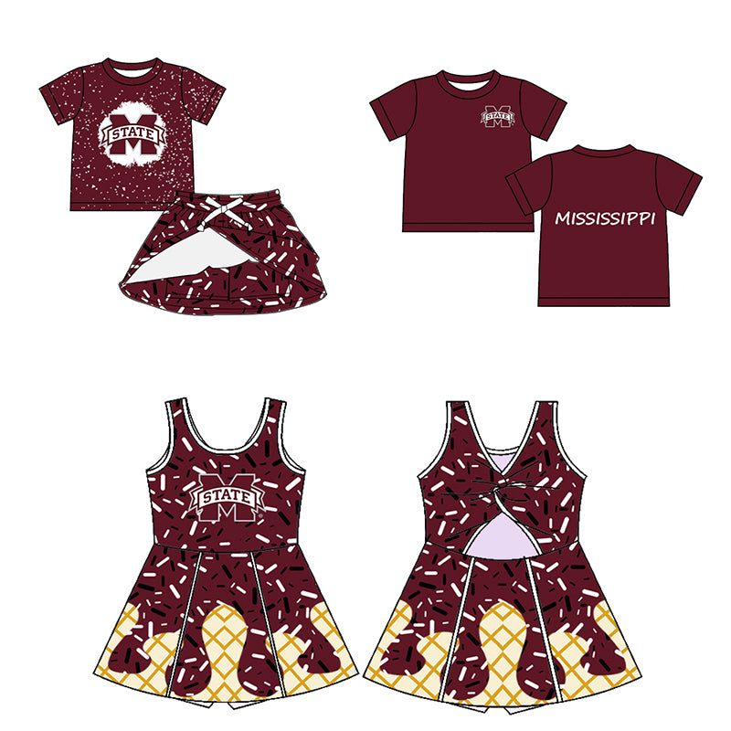 Custom moq 5 mix sizes summer teams baby girls clothes team brick red short sleeve shorts skirts sets dress top-25.5.9