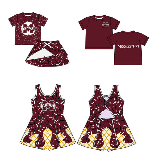 Custom moq 5 mix sizes summer teams baby girls clothes team brick red short sleeve shorts skirts sets dress top-25.5.9