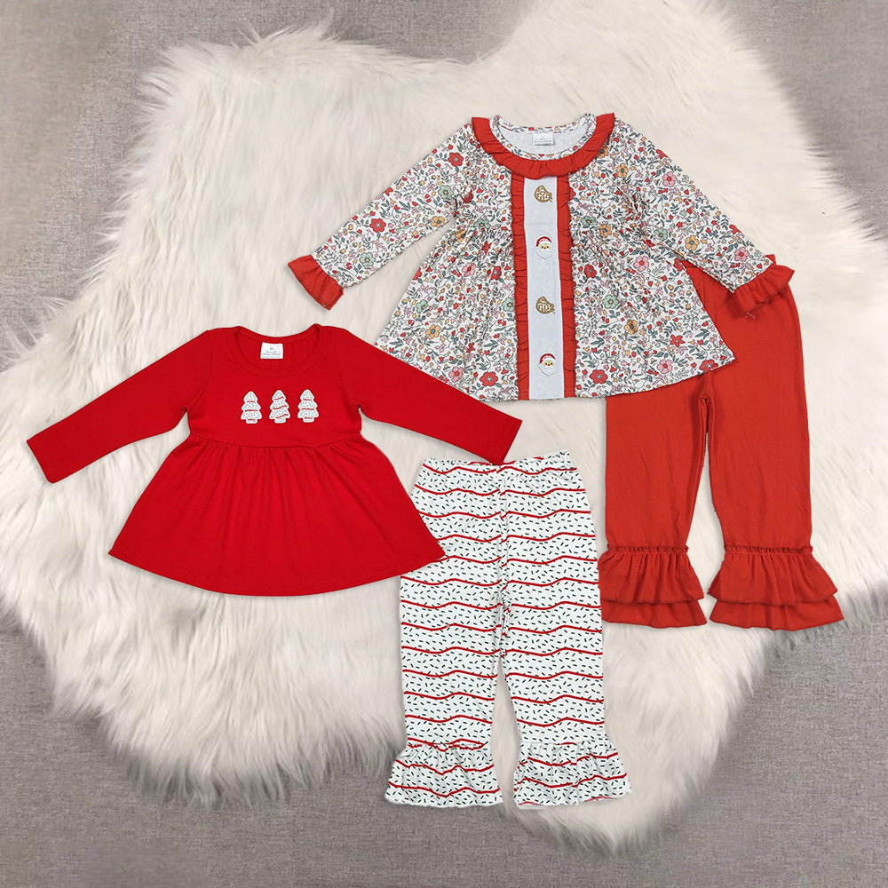 RTS NO MOQ Sibling baby girl clothes Red long-sleeved suit with wooden stripes and Christmas tree pattern