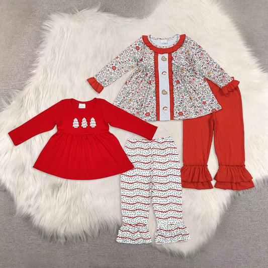 RTS NO MOQ Sibling baby girl clothes Red long-sleeved suit with wooden stripes and Christmas tree pattern