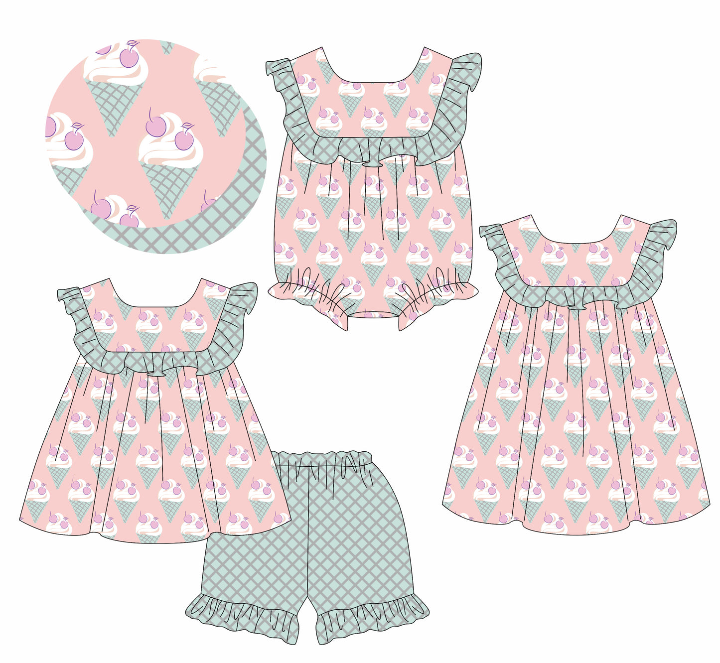 1.17 custom each style moq 5eta 4-6week Sibling Sisters ice cream baby girl short sleeve shorts sets and dress and rompers match family design