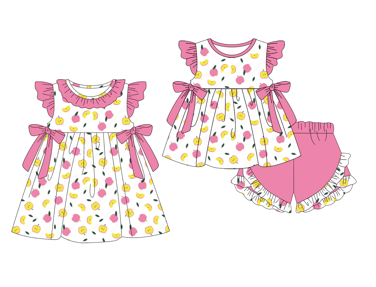 2.7 custom each style moq 5eta 4-6week Sibling Sister apple baby girl short sleeve shorts sets and dresses match design