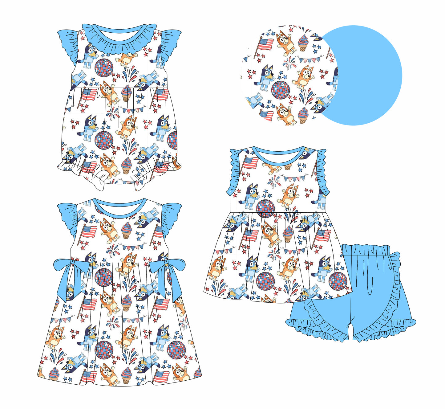 1.14 custom each style moq 5eta 4-6week Sibling Sisters cartoon dog flag baby girl short sleeve shorts sets and dress and rompers match family design