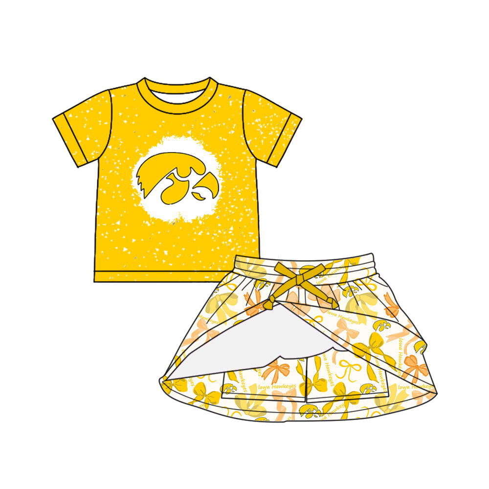 Custom moq 5 mix sizes summer teams baby girls clothes team yellow short sleeve skirts shorts sets dress 1 and dress 2-25.5.10