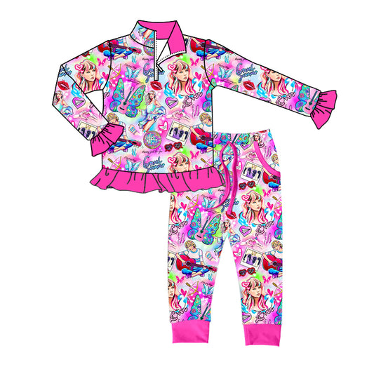 5.12custom each style moq 5eta 4-5week Sibling Sister singing stage prints pink girls set and dress and Jumpsuits match family design