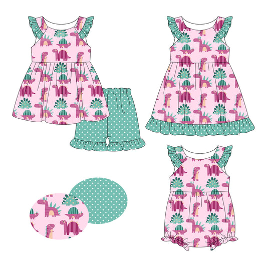 26.1.8 custom each style moq 5 eta 6-8week Sibling Sister dinosaur baby short sleeve shorts sets and romper and dress match design