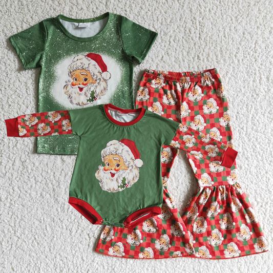 Baby Girls boys Christmas style Santa Claus print green Family siblings set