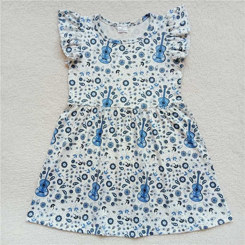 Blue Flower Guitar White Flying Sleeve dress 蓝色花朵吉他白色飞袖裙