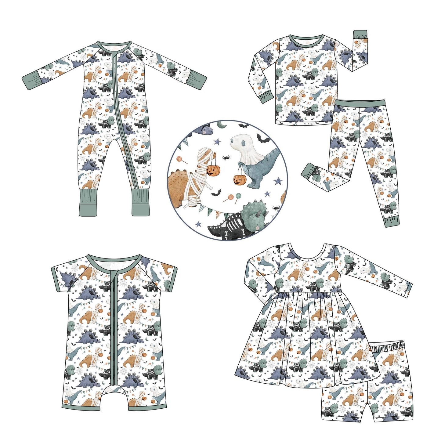 5.10custom each style moq 5eta 4-5week Sibling Sister Halloween cute Dinosaur prints green girls and boys outfits and baby rompers match family design