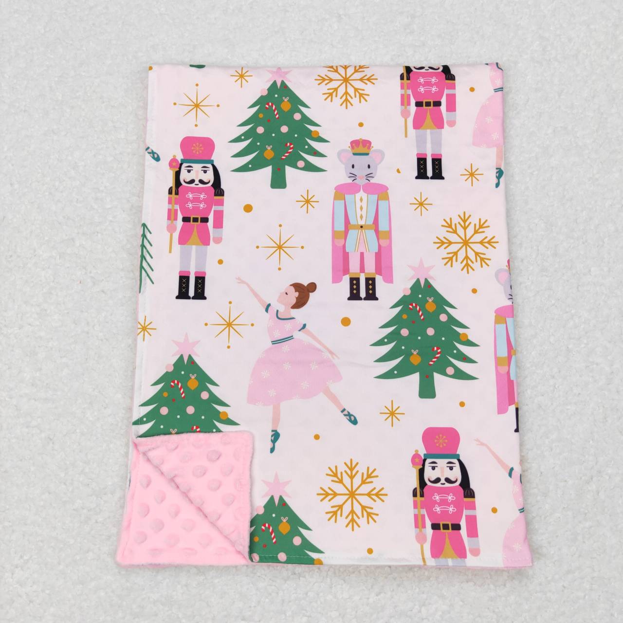 BL0086 Dancing Cartoon Soldier King Nutcracker Pink and White Baby Blanket