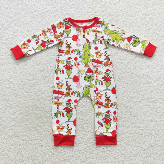 LR0530 Boys Christmas Grinch Zipper Long Sleeve Bodysuit