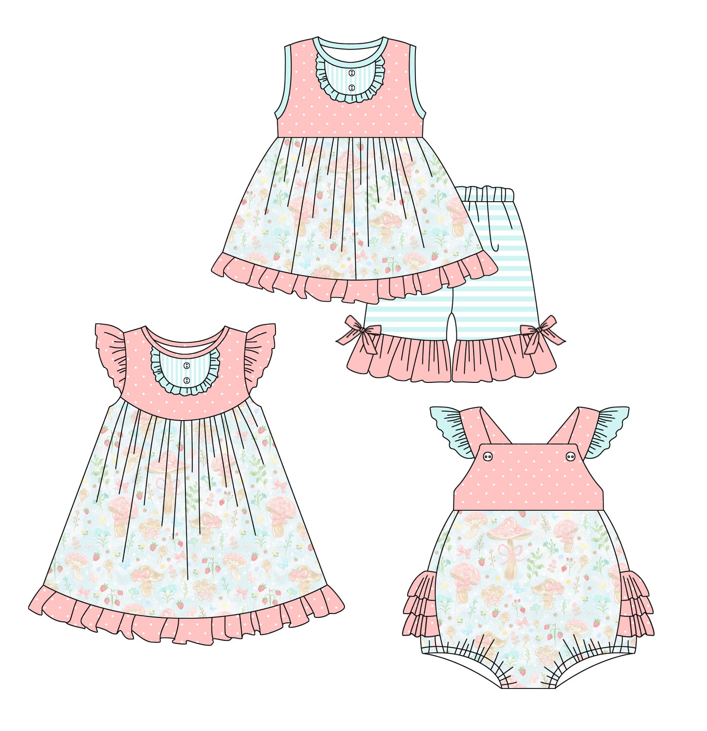 1.9 custom each style moq 5eta 4-6week Sibling Sister baby girl short sleeve shorts sets and dress and rompers match family design