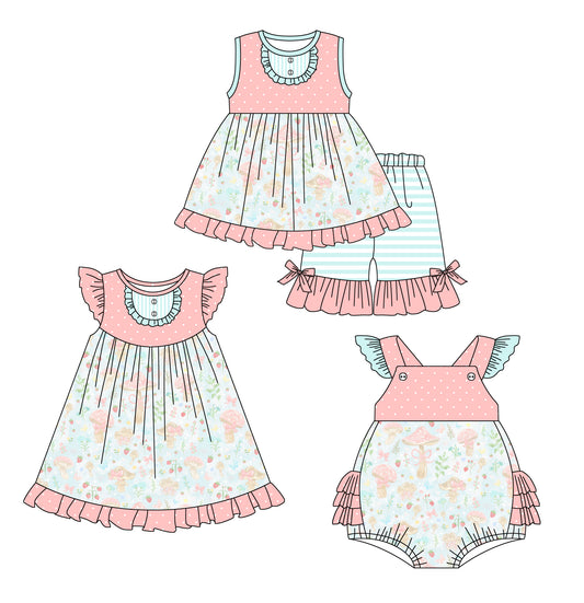 1.9 custom each style moq 5eta 4-6week Sibling Sister baby girl short sleeve shorts sets and dress and rompers match family design