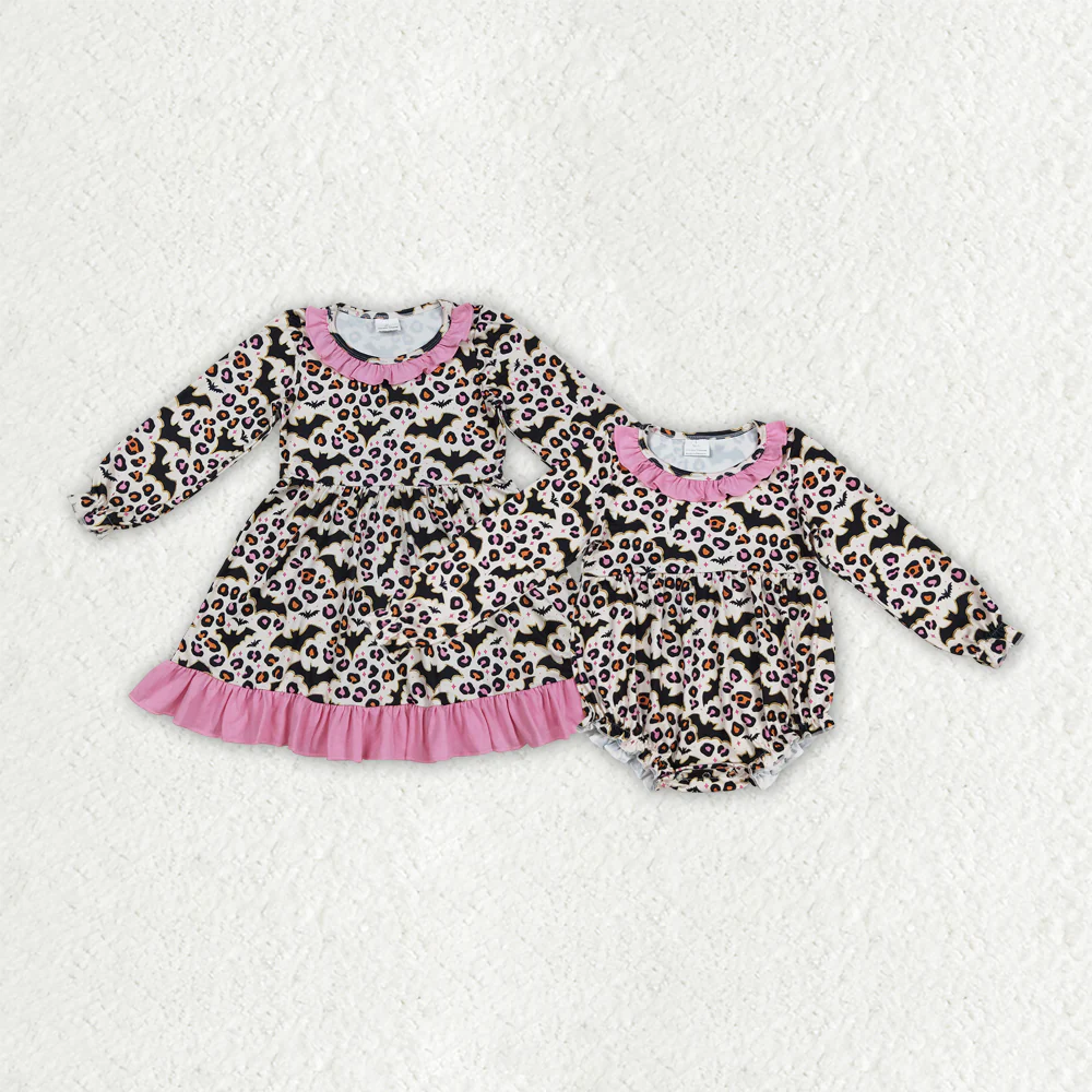 RTS Sibling baby girls clothes halloween bat leopard long Sleeve romper and dress