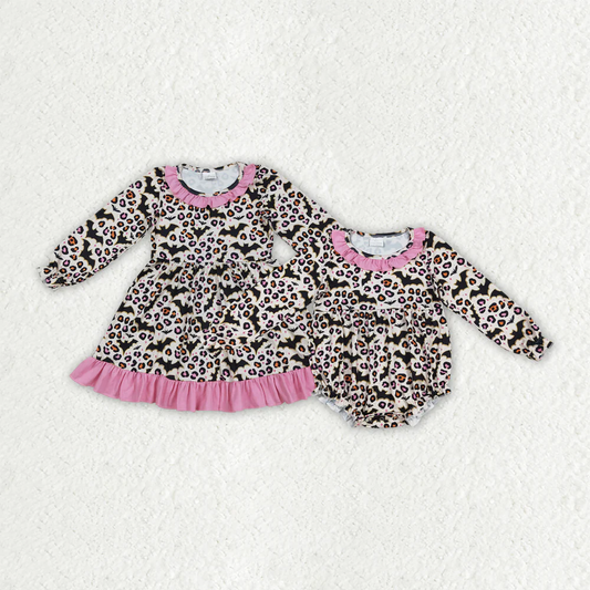 RTS Sibling baby girls clothes halloween bat leopard long Sleeve romper and dress