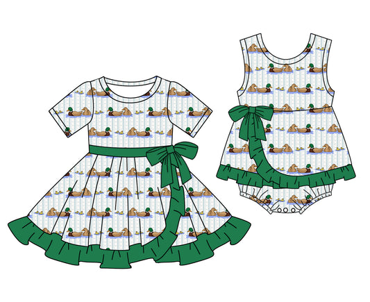 1.8 custom each style moq 5eta 4-6week Sibling Sister duck baby girl short sleeve dress and rompers match family design