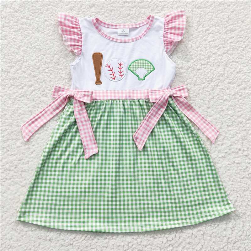 Baby girls Baseball print green plaid Sibling Sister Clothes Sets