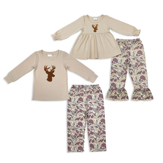 RTS NO MOQ Sibling baby girls boys clothes embroidery deer head Christmas long-sleeved suits