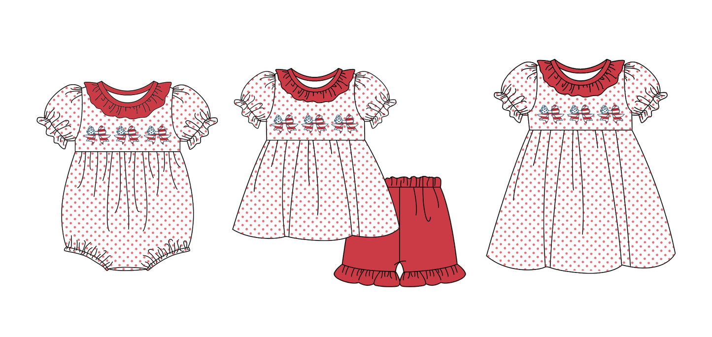 12.31 custom each style moq 5eta 4-6week Sibling Sistes bow baby girl short sleeve shorts sets and dress and rompers match family design