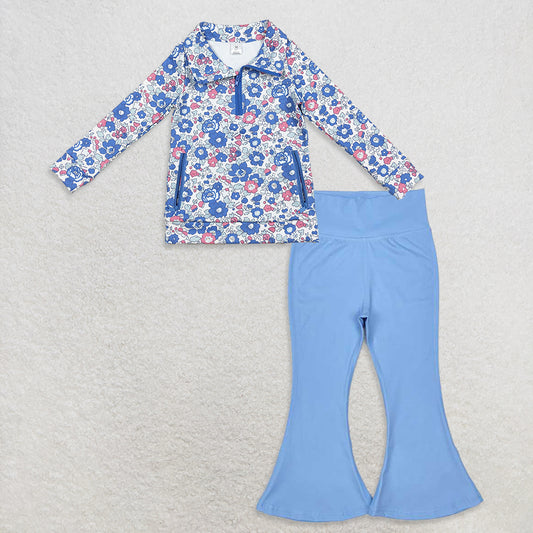 RTS NO MOQ（In Stock) Floral plaid bow pattern yoga long-sleeved zip-up top blue Yoga Pants set and top and pants