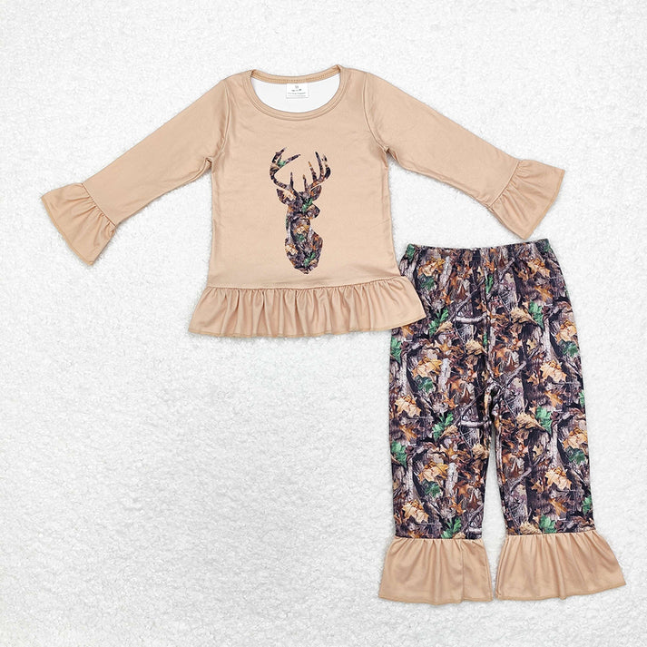 RTS NO MOQ Baby Boys and Girls Dead Leaf Elk Brown Long Sleeve Top Camouflage Pants Set