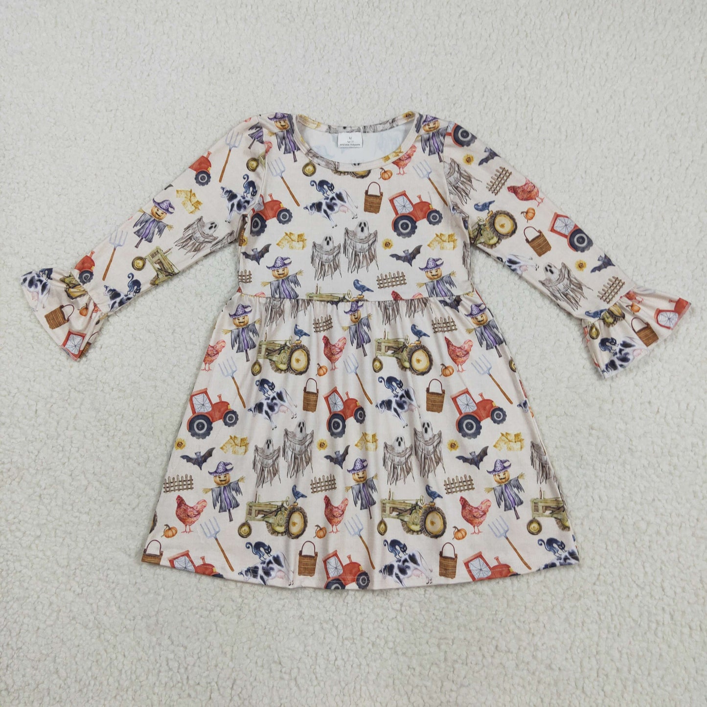 RTS NO MOQ（In Stock) GLD1196 Halloween Ghost Farm Animal Tractor Long-Sleeved Dress