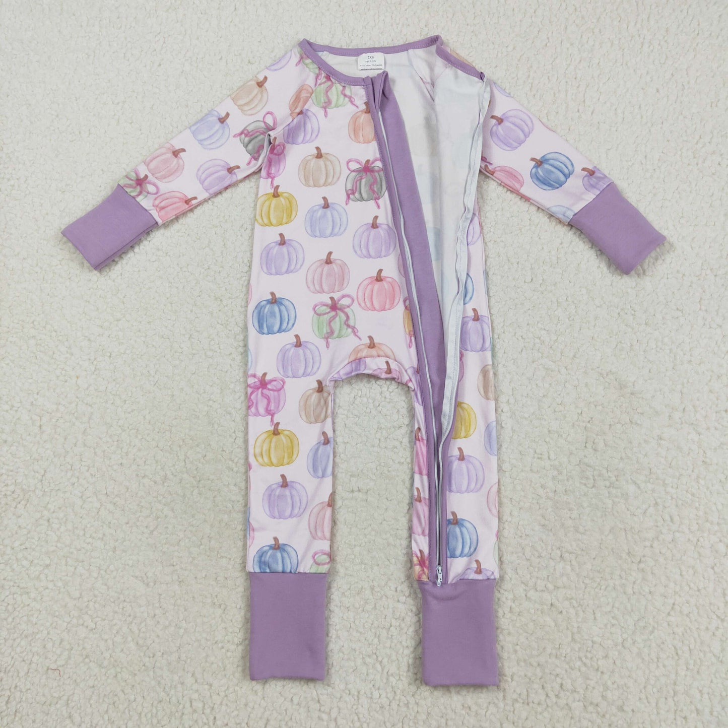 RTS NO MOQ（In Stock) LR2442 Pink and purple long-sleeved zip-up bodysuit with colorful pumpkin and bow pattern